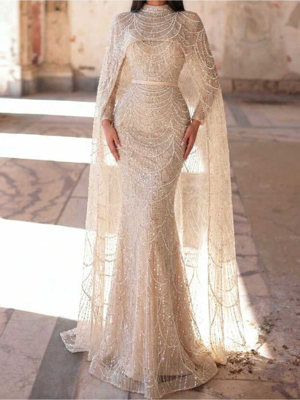Dubai Arabia Nude Mermaid Long Cape Luxury Evening Dresses Gowns - Picture 3 of 5